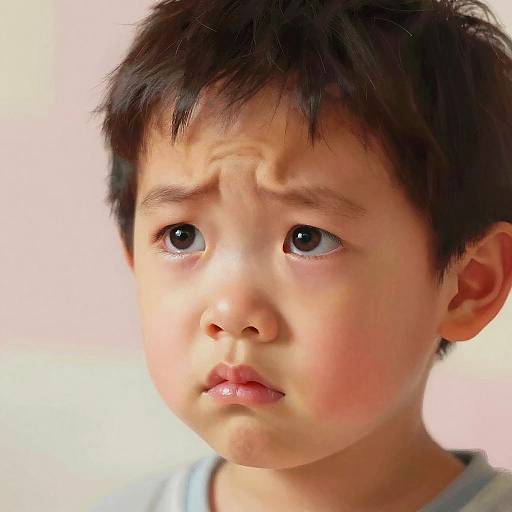 Photograph of a young Asian boy with short black hair, large brown eyes, and a worried expression, against a soft pink background.