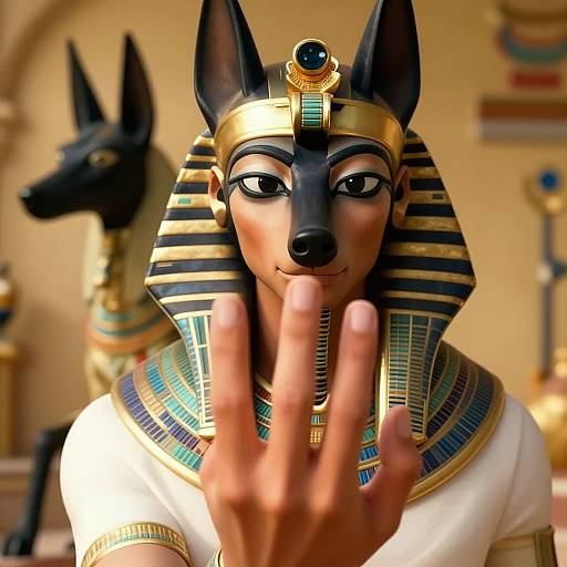 CGI image of an anthropomorphic Anubis figure with black jackal head, gold and blue-striped nemes, white robe, extending a hand