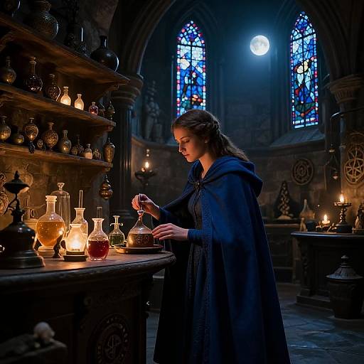 Photograph of a medieval alchemist woman in a blue cloak, mixing potions under moonlight in a candlelit, stained-glass church.