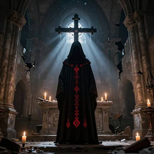 Mysterious Hooded Figure in Ancient Church