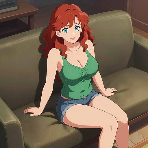 Anime-style digital illustration of a red-haired woman with blue eyes, large breasts, wearing a green tank top and denim shorts, sitting on a green sofa