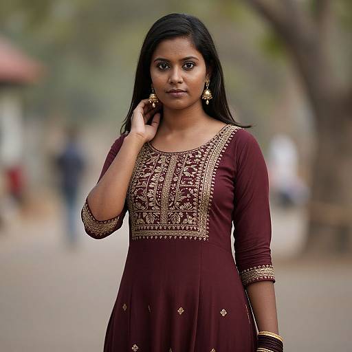 Photograph of a young South Asian woman with dark skin and long black hair, wearing a maroon embroidered kurti, gold earrings, and bracelet