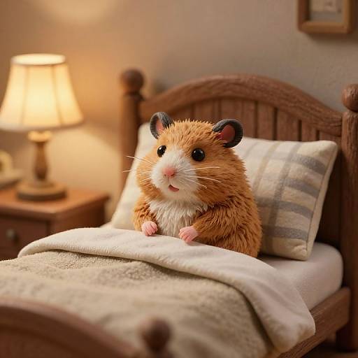 Photograph of a cute, fluffy hamster with brown and white fur sitting on a wooden bed with a plaid pillow, under a cozy, warm