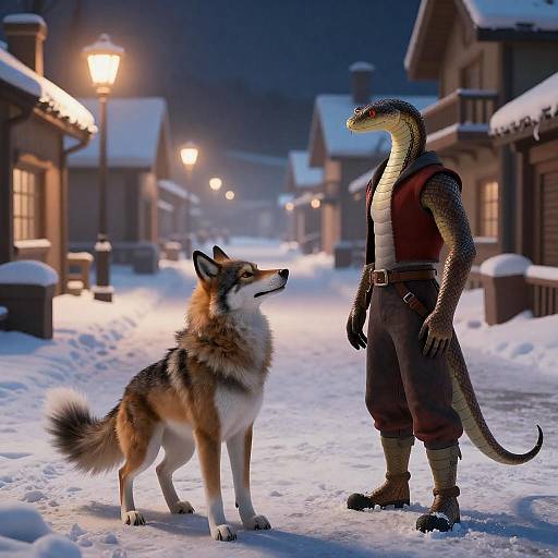 Snowy Night Encounter: Wolf and Serpent
