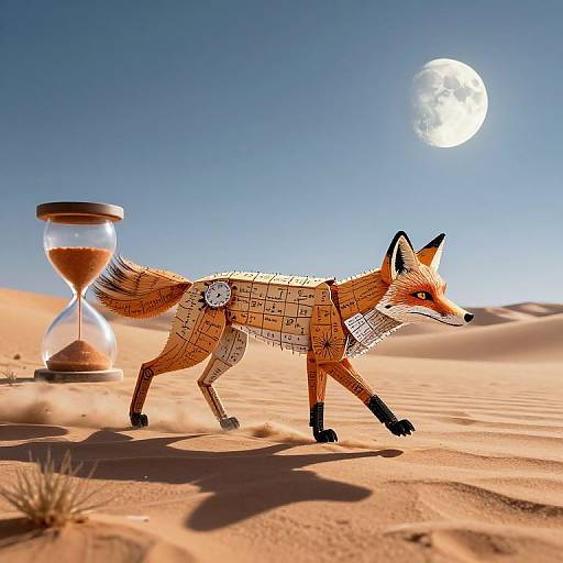 Digital art of a mosaic fox walking in a desert with a sand hourglass and full moon in a clear blue sky.