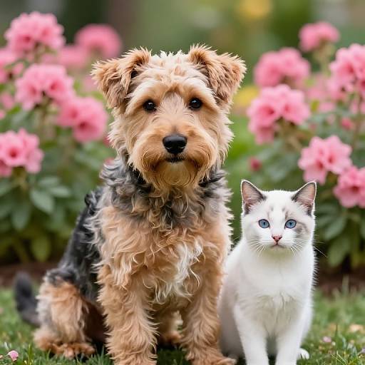 Photograph of a fluffy, tan and black terrier dog with a black nose, standing beside a white and gray cat with blue eyes, in front