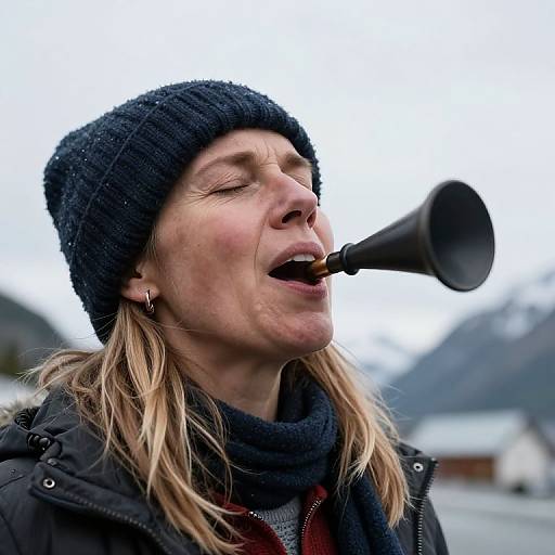 Photograph of a blonde woman with fair skin, wearing a black beanie and coat, passionately playing a black trumpet outdoors. Background is blurred with white