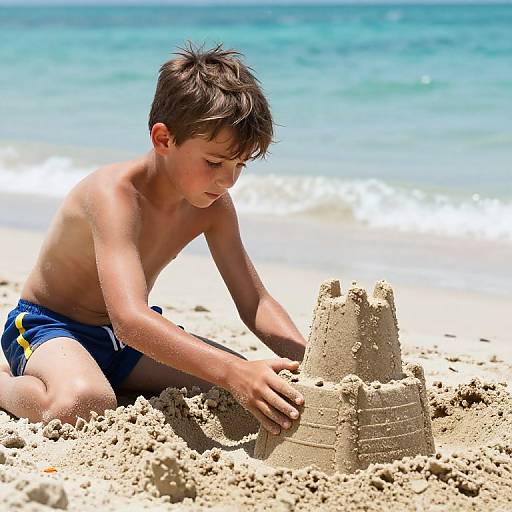 Boy Building Sandcastle on Beach