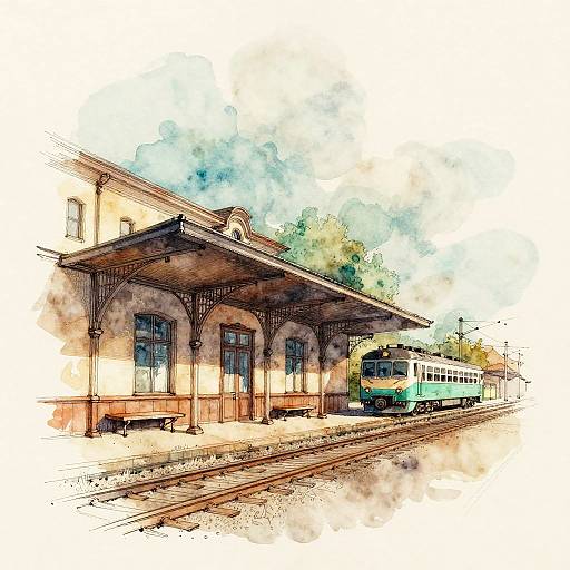 Vintage Train Station Watercolor Painting