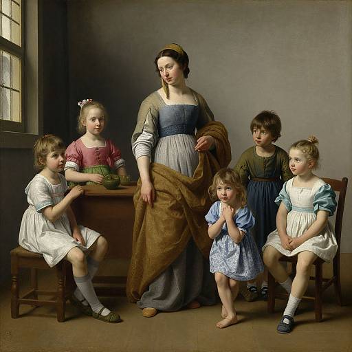 Photorealistic painting of a 17th-century family portrait: mother in blue dress, five children in white and blue dresses, wooden chairs, table