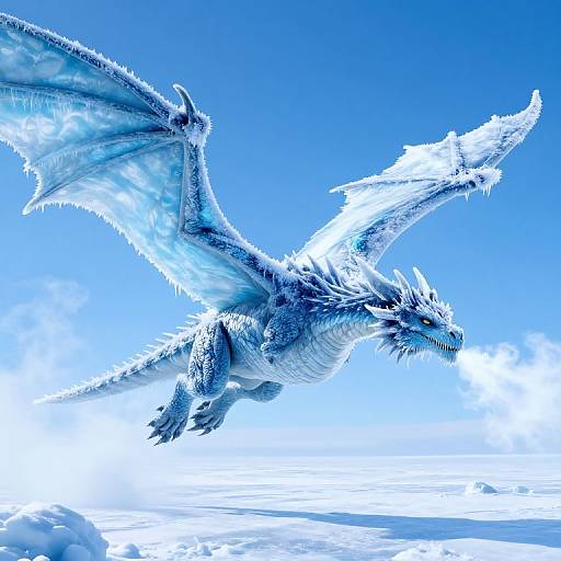 Digital art of a blue, snow-covered dragon soaring through a bright, clear sky, wings spread wide, with icy clouds below.