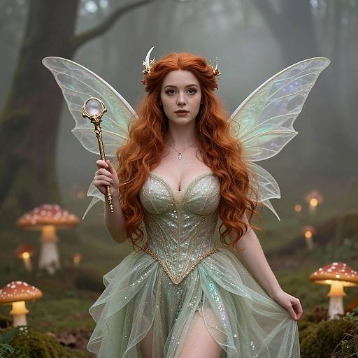 Photorealistic digital art of a fair fairy with long red hair, translucent wings, gold crown, wearing a shimmering green gown, holding a magical