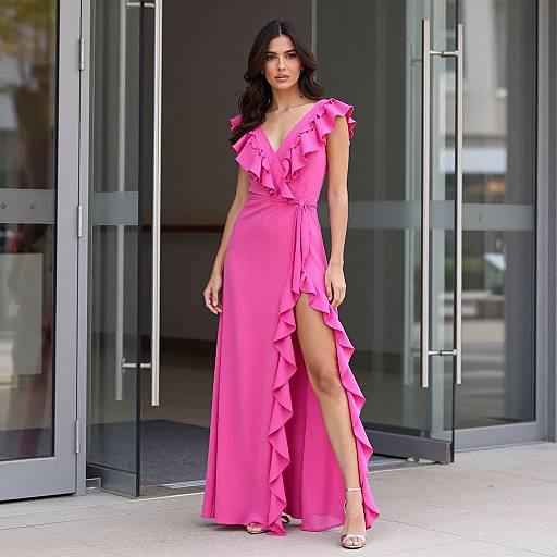 Photograph of a woman with long dark hair wearing a vibrant pink, ruffled, off-the-shoulder dress with a high slit, standing in