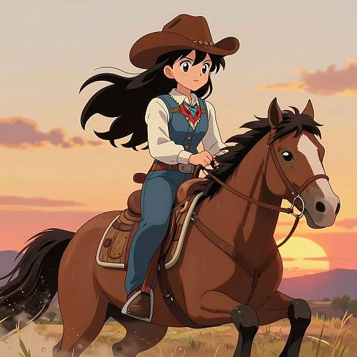Anime-style drawing of a black-haired girl in cowboy outfit riding a brown horse at sunset, with a warm orange sky.