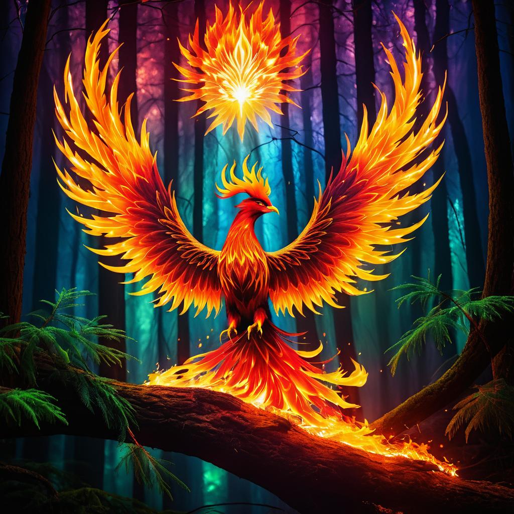 Phoenix Rising in a Mystical Forest