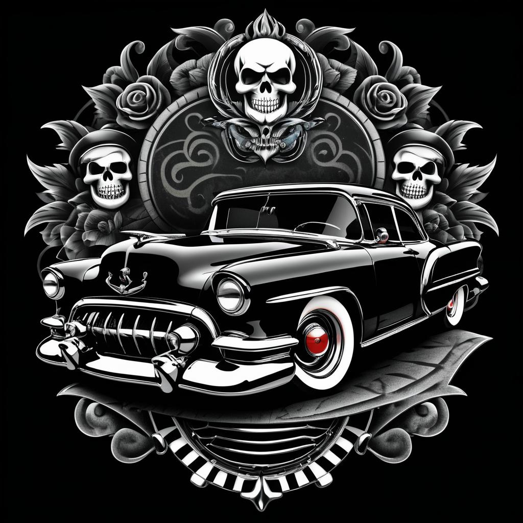 Rockabilly Skull Tattoo on Vintage Car