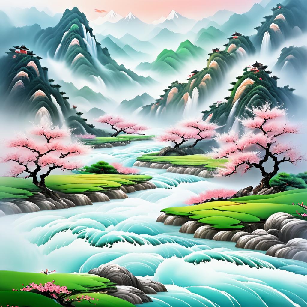 Peach Blossom Mountains: A Photorealistic Fantasy