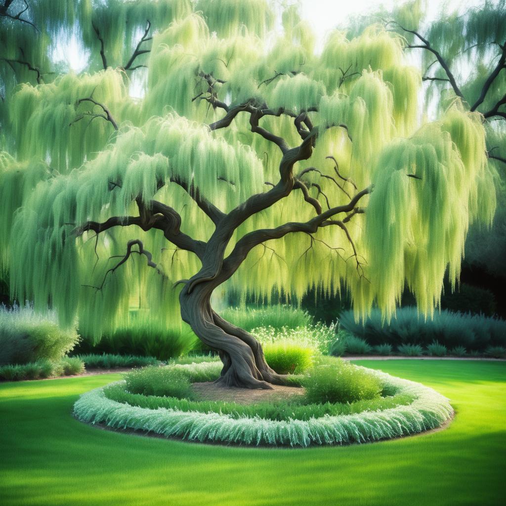 Twisted Willow Tree in Pastel Garden