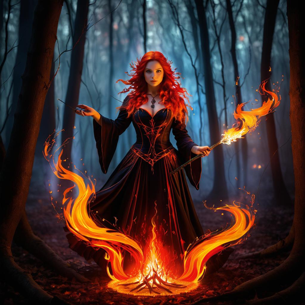 Enchanted Fire Witch in Dramatic Woods