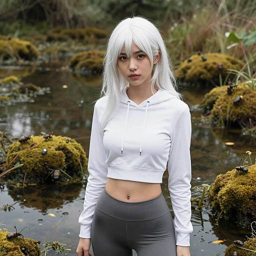 Photograph of a young woman with white hair, wearing a white crop hoodie and gray leggings, standing in a mossy, forested stream.