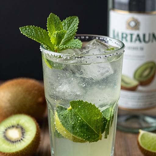 Photograph of a refreshing minty cocktail in a glass with ice, lemon slices, and mint leaves, background includes kiwis and a blurred liquor bottle