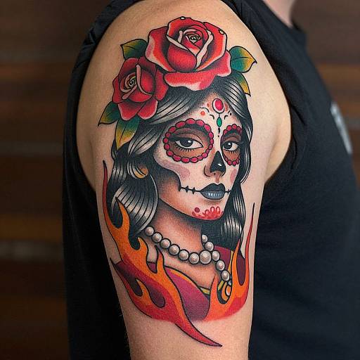 Vibrant tattoo of a Day of the Dead sugar skull with red roses, black hair, pearl necklace, and fiery flames on a person's upper