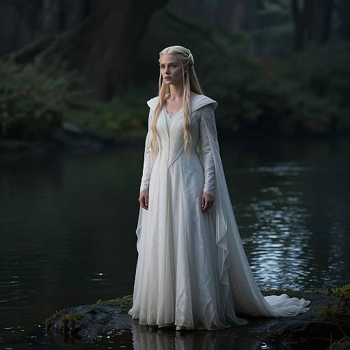 Photograph of a blonde woman in a long, white, flowing gown with long sleeves, standing in a dark, reflective forest pond, ethereal and