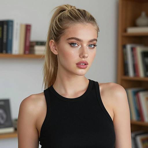 Young Woman with Blonde Hair in Black Top