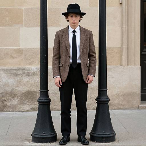 Photograph of a young man in a brown tweed suit, white shirt, black tie, and black hat, standing between two black lamppost