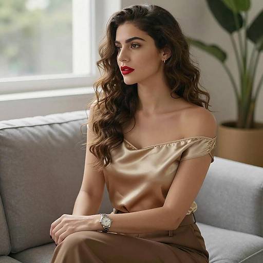 Elegant Woman on Gray Couch