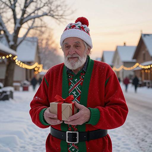 Photograph of an elderly white Santa Claus with a white beard, red sweater, green plaid vest, holding a gift, in a snowy village at