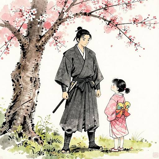 Illustration of a Japanese samurai in black kimono and hakama, standing beside a young girl in pink kimono with red obi, under