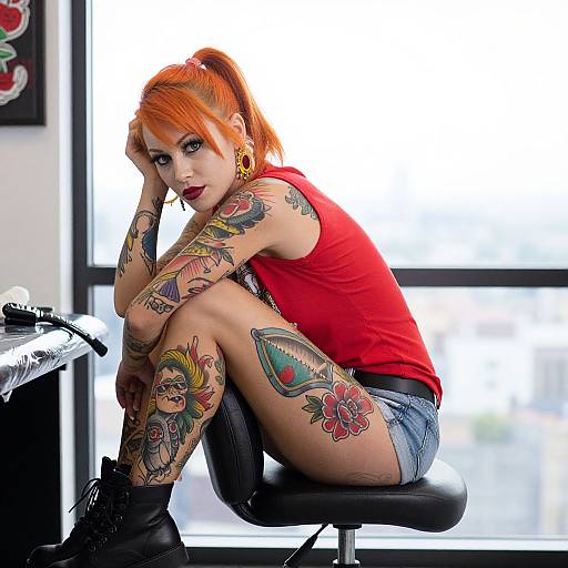 Photograph of a tattooed woman with bright orange hair, red tank top, denim shorts, and black boots, sitting in a tattoo studio.