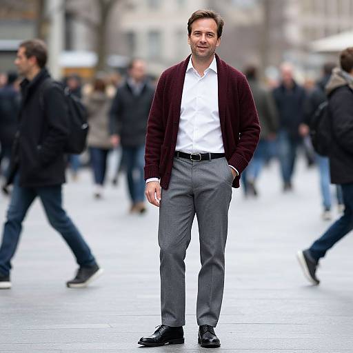 Photograph of a man with short brown hair, medium build, wearing a maroon cardigan, white shirt, gray pants, and black shoes,