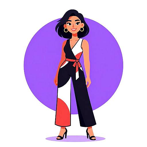 Cartoon-style illustration of a confident woman with black bob hair, wearing a black and white patterned jumpsuit with red accents, red belt, and