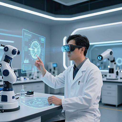 Photograph of a male scientist in a white lab coat, VR glasses, and black hair, interacting with a holographic interface in a futuristic, brightly