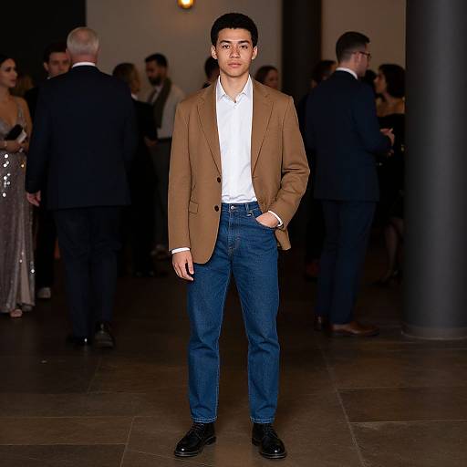 Photograph of a young Asian man with short black hair, wearing a brown blazer, white shirt, blue jeans, and black shoes, standing confidently
