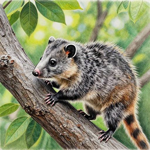 Photograph of a young, black-and-gray striped opossum with white underbelly, climbing a tree branch amidst green leaves and blurred forest background