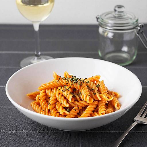Photograph of a white bowl filled with orange-colored penne pasta, garnished with parsley, on a dark gray cloth, with a glass of white