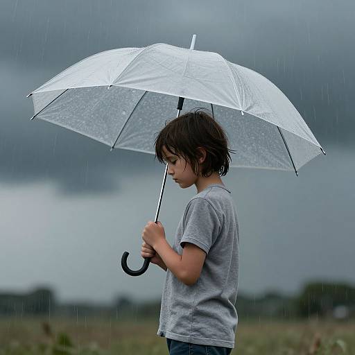 Child with Umbrella in Storm