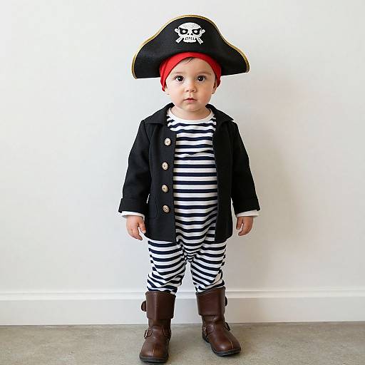 Photograph of a baby dressed as a pirate: black coat, striped shirt and pants, red headband, skull hat, brown boots, standing against