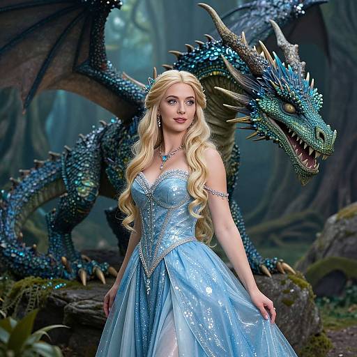 Digital artwork of a blonde princess in a blue, sparkling gown, standing in a forest beside a large, blue-scaled dragon.