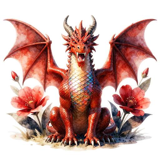 Fantasy Red Dragon with Vibrant Flowers