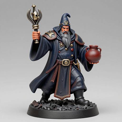 Photograph of a detailed, fantasy-style figurine: bearded wizard with blue cloak, hat, holding staff and red jug, standing on rocky base