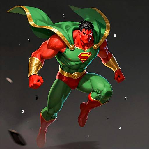Muscular Superhero in Mid-Air Action