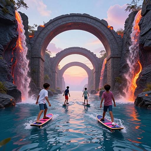 Four children stand on pink and white surfboards in a surreal, rocky archway with waterfall effects, facing a glowing sunset. Digital art.