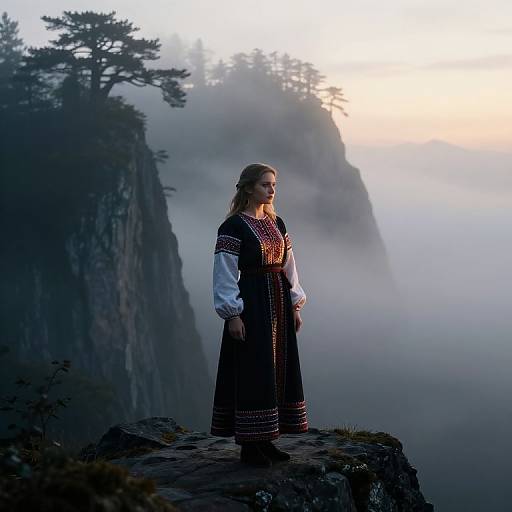 Photograph of a young woman in traditional Baltic dress, standing on a misty mountain cliff at sunrise, surrounded by tall trees.
