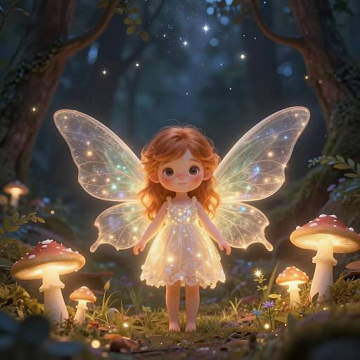 Photorealistic digital artwork of a glowing fairy doll with translucent wings, red hair, white dress, standing among illuminated mushrooms in a mystical forest at night