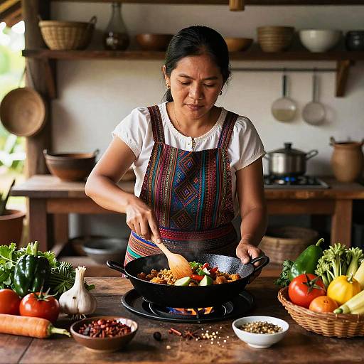Photograph of a Latina woman in a colorful apron cooking vegetables in a black skillet, surrounded by fresh produce in a rustic kitchen.