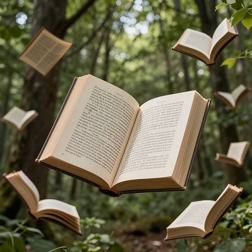 Photograph of open books floating mid-air in a sunlit, green forest with blurred trees and foliage in the background.